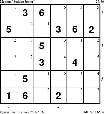 The grouppuzzles.com Medium Sudoku-Junior puzzle for Monday September 21, 2026 with all 5 steps marked