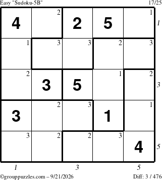 The grouppuzzles.com Easy Sudoku-5B puzzle for Monday September 21, 2026 with all 3 steps marked