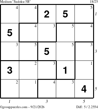 The grouppuzzles.com Medium Sudoku-5B puzzle for Monday September 21, 2026 with all 5 steps marked