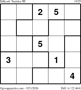The grouppuzzles.com Difficult Sudoku-5B puzzle for Monday September 21, 2026