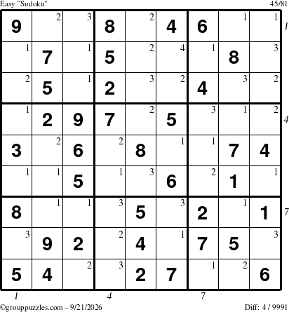 The grouppuzzles.com Easy Sudoku puzzle for Monday September 21, 2026, suitable for printing, with all 4 steps marked