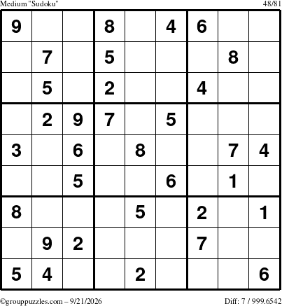The grouppuzzles.com Medium Sudoku puzzle for Monday September 21, 2026