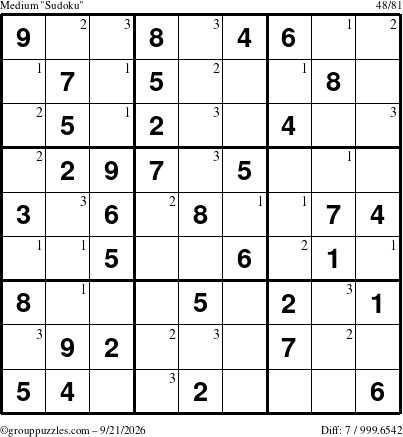 The grouppuzzles.com Medium Sudoku puzzle for Monday September 21, 2026 with the first 3 steps marked