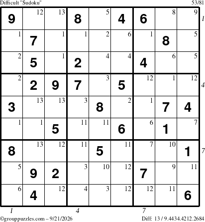 The grouppuzzles.com Difficult Sudoku puzzle for Monday September 21, 2026 with all 13 steps marked