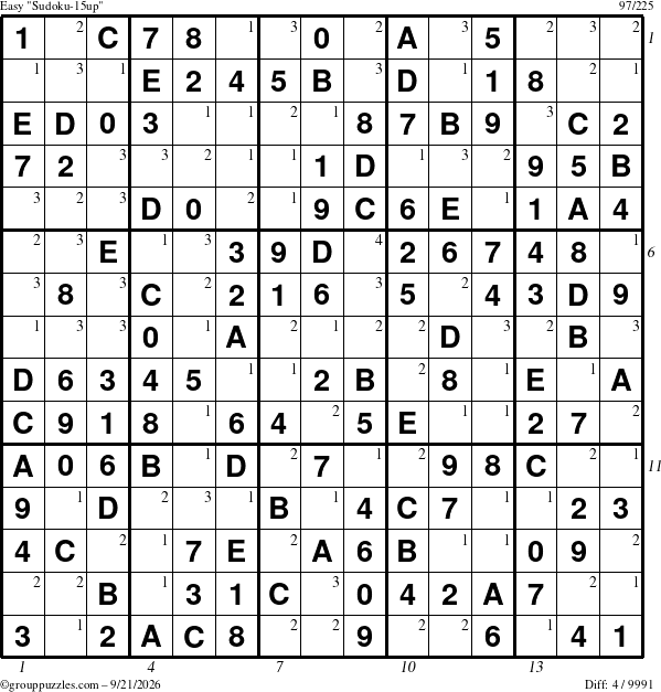 The grouppuzzles.com Easy Sudoku-15up puzzle for Monday September 21, 2026 with all 4 steps marked