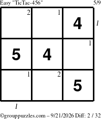 The grouppuzzles.com Easy TicTac-456 puzzle for Monday September 21, 2026, suitable for printing, with all 2 steps marked