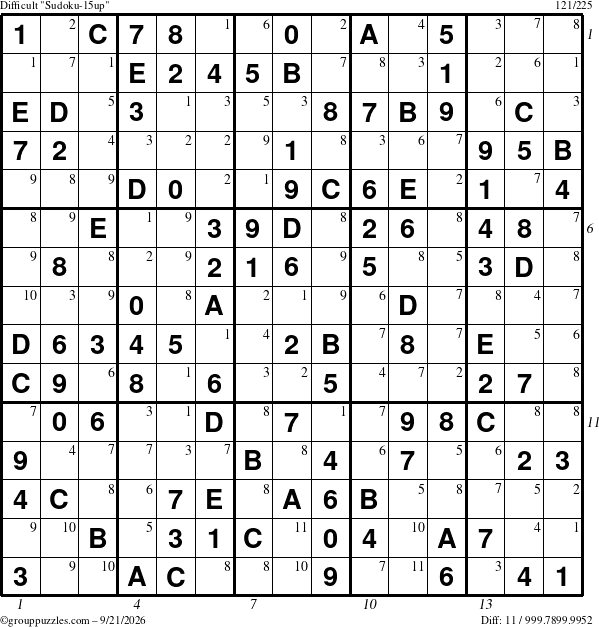 The grouppuzzles.com Difficult Sudoku-15up puzzle for Monday September 21, 2026, suitable for printing, with all 11 steps marked