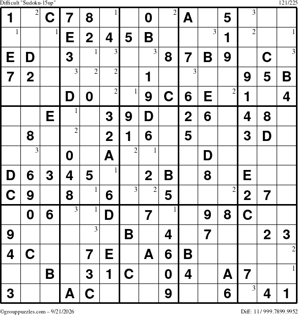 The grouppuzzles.com Difficult Sudoku-15up puzzle for Monday September 21, 2026 with the first 3 steps marked