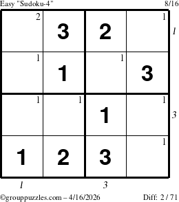 The grouppuzzles.com Easy Sudoku-4 puzzle for Thursday April 16, 2026, suitable for printing, with all 2 steps marked