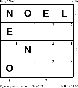 The grouppuzzles.com Easy Noel puzzle for Thursday April 16, 2026, suitable for printing, with all 3 steps marked