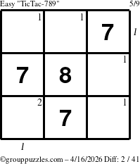 The grouppuzzles.com Easy TicTac-789 puzzle for Thursday April 16, 2026 with all 2 steps marked