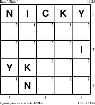 The grouppuzzles.com Easy Nicky puzzle for Thursday April 16, 2026 with all 3 steps marked