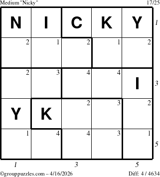 The grouppuzzles.com Medium Nicky puzzle for Thursday April 16, 2026, suitable for printing, with all 4 steps marked