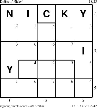 The grouppuzzles.com Difficult Nicky puzzle for Thursday April 16, 2026 with all 7 steps marked