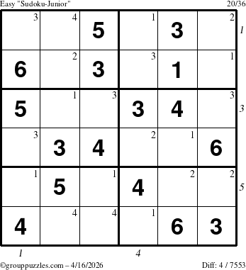 The grouppuzzles.com Easy Sudoku-Junior puzzle for Thursday April 16, 2026 with all 4 steps marked