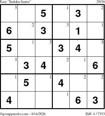 The grouppuzzles.com Easy Sudoku-Junior puzzle for Thursday April 16, 2026 with the first 3 steps marked
