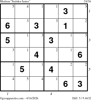 The grouppuzzles.com Medium Sudoku-Junior puzzle for Thursday April 16, 2026 with all 5 steps marked