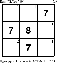 The grouppuzzles.com Easy TicTac-789 puzzle for Thursday April 16, 2026 with the first 2 steps marked