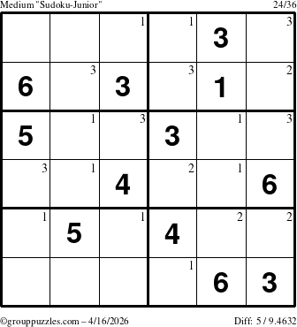 The grouppuzzles.com Medium Sudoku-Junior puzzle for Thursday April 16, 2026 with the first 3 steps marked