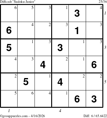 The grouppuzzles.com Difficult Sudoku-Junior puzzle for Thursday April 16, 2026, suitable for printing, with all 6 steps marked