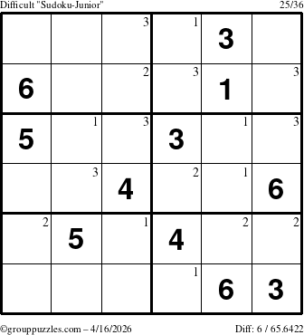 The grouppuzzles.com Difficult Sudoku-Junior puzzle for Thursday April 16, 2026 with the first 3 steps marked