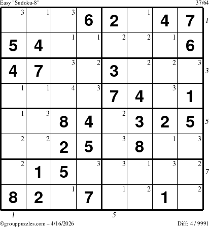 The grouppuzzles.com Easy Sudoku-8 puzzle for Thursday April 16, 2026, suitable for printing, with all 4 steps marked