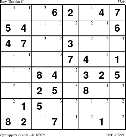 The grouppuzzles.com Easy Sudoku-8 puzzle for Thursday April 16, 2026 with the first 3 steps marked