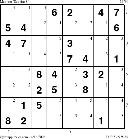 The grouppuzzles.com Medium Sudoku-8 puzzle for Thursday April 16, 2026, suitable for printing, with all 5 steps marked