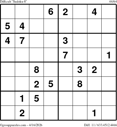 The grouppuzzles.com Difficult Sudoku-8 puzzle for Thursday April 16, 2026