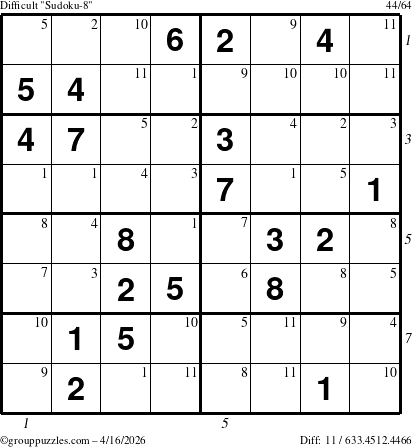 The grouppuzzles.com Difficult Sudoku-8 puzzle for Thursday April 16, 2026, suitable for printing, with all 11 steps marked