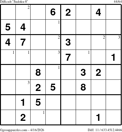 The grouppuzzles.com Difficult Sudoku-8 puzzle for Thursday April 16, 2026 with the first 3 steps marked