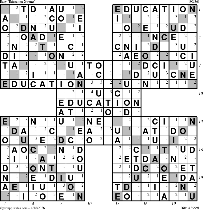 The grouppuzzles.com Easy Education-Xtreme puzzle for Thursday April 16, 2026, suitable for printing, with all 4 steps marked