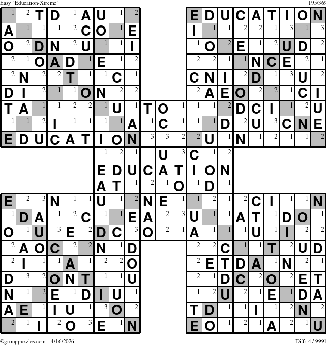 The grouppuzzles.com Easy Education-Xtreme puzzle for Thursday April 16, 2026 with the first 3 steps marked