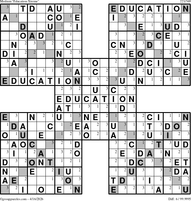 The grouppuzzles.com Medium Education-Xtreme puzzle for Thursday April 16, 2026 with the first 3 steps marked