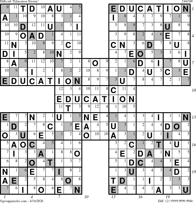 The grouppuzzles.com Difficult Education-Xtreme puzzle for Thursday April 16, 2026 with all 12 steps marked