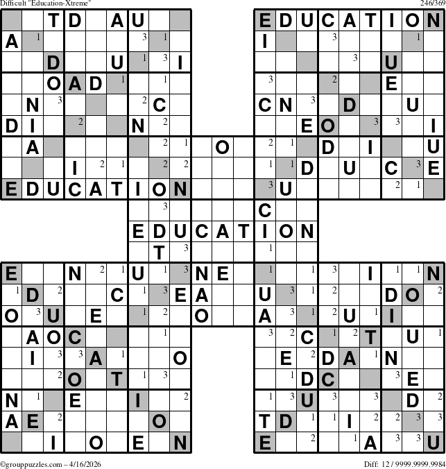 The grouppuzzles.com Difficult Education-Xtreme puzzle for Thursday April 16, 2026 with the first 3 steps marked