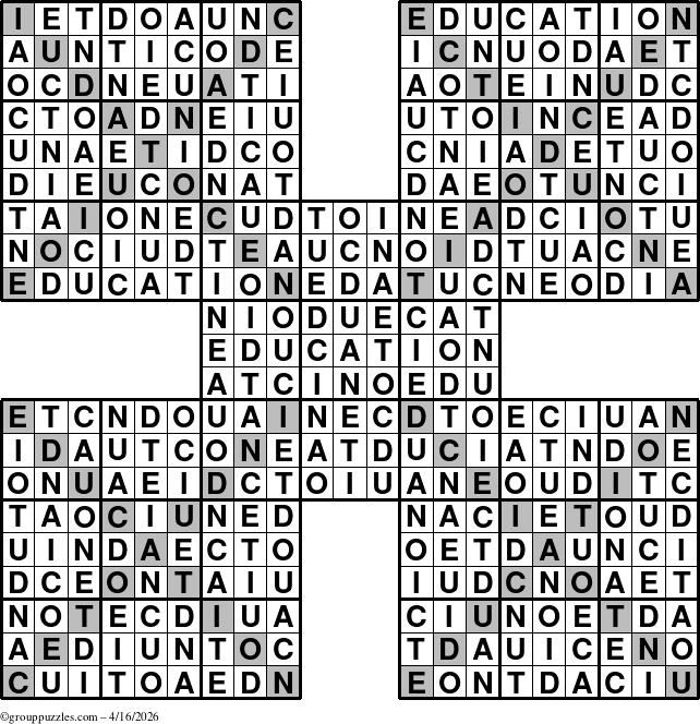 The grouppuzzles.com Answer grid for the Education-Xtreme puzzle for Thursday April 16, 2026
