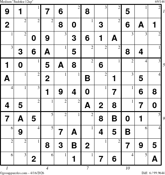 The grouppuzzles.com Medium Sudoku-12up puzzle for Thursday April 16, 2026, suitable for printing, with all 6 steps marked