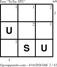 The grouppuzzles.com Easy TicTac-STU puzzle for Thursday April 16, 2026, suitable for printing, with all 2 steps marked