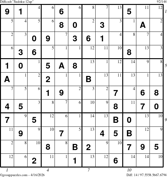 The grouppuzzles.com Difficult Sudoku-12up puzzle for Thursday April 16, 2026 with all 14 steps marked