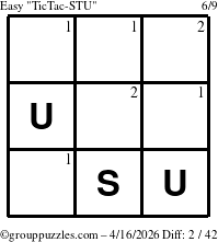 The grouppuzzles.com Easy TicTac-STU puzzle for Thursday April 16, 2026 with the first 2 steps marked