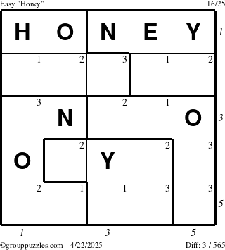 The grouppuzzles.com Easy Honey puzzle for Tuesday April 22, 2025, suitable for printing, with all 3 steps marked