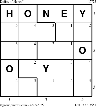 The grouppuzzles.com Difficult Honey puzzle for Tuesday April 22, 2025 with all 5 steps marked