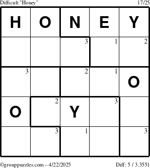 The grouppuzzles.com Difficult Honey puzzle for Tuesday April 22, 2025 with the first 3 steps marked