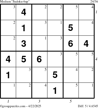 The grouppuzzles.com Medium Sudoku-6up puzzle for Tuesday April 22, 2025, suitable for printing, with all 5 steps marked