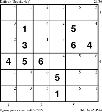 The grouppuzzles.com Difficult Sudoku-6up puzzle for Tuesday April 22, 2025, suitable for printing, with all 6 steps marked