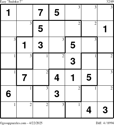 The grouppuzzles.com Easy Sudoku-7 puzzle for Tuesday April 22, 2025 with the first 3 steps marked