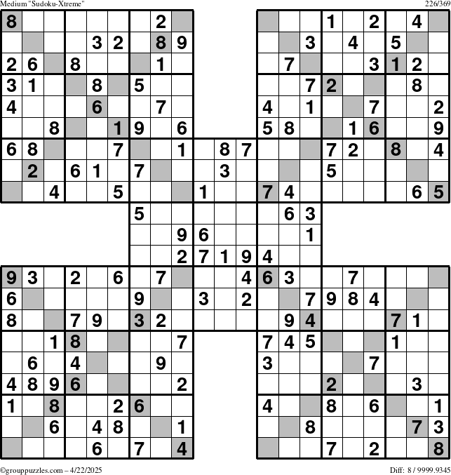 The grouppuzzles.com Medium Sudoku-Xtreme puzzle for Tuesday April 22, 2025