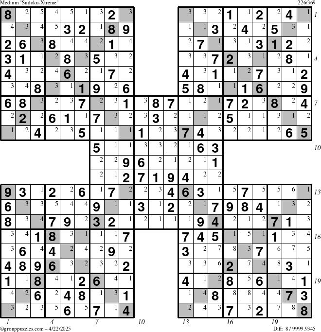 The grouppuzzles.com Medium Sudoku-Xtreme puzzle for Tuesday April 22, 2025 with all 8 steps marked