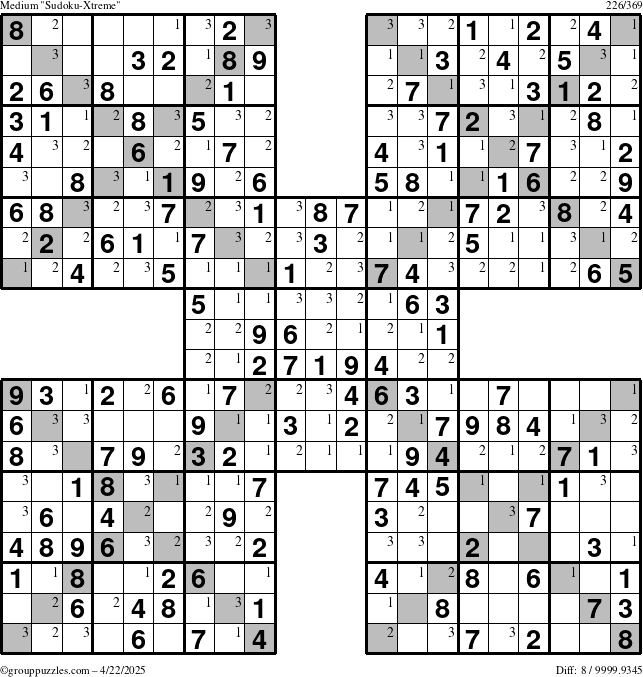 The grouppuzzles.com Medium Sudoku-Xtreme puzzle for Tuesday April 22, 2025 with the first 3 steps marked